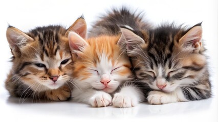 Adorable trio of fluffy kittens with varying fur colors and patterns playfully snuggle and sleep together on a clean white background.
