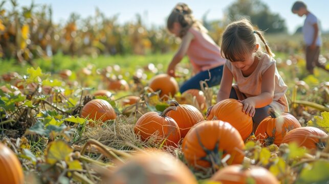 A cheerful pumpkin patch with kids picking pumpkins and having fun.