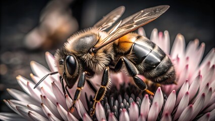 Macro shot of a bee on a pink flower, detailed and close-up view