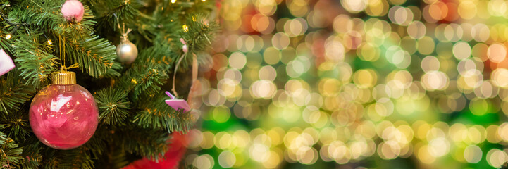 Christmas tree background, bright garland, festive ornaments, winter magic, banner