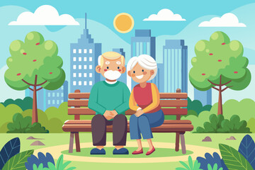 Cute elderly couple is sitting on a bench in a city park. Seniors rest outdoors
