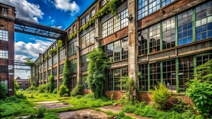 Obraz premium Abandoned factory with broken windows, overgrown with weeds, symbolizing economic downturn, industrial decline, and urban decay in a once-thriving manufacturing area.