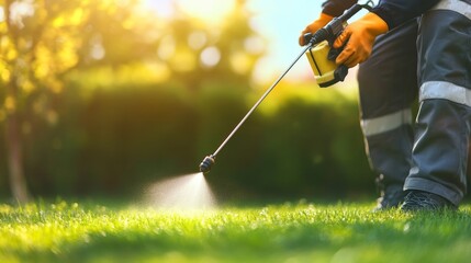 Pest control specialist spraying pesticide on green lawn outdoors for effective pest management