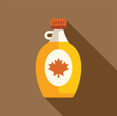 Simple flat design illustration of a glass bottle containing maple syrup showing a maple leaf on a label