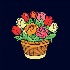 colorful bouquet and flowers in a basket vector illustration design