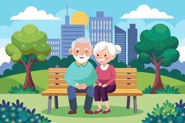 Cute elderly couple is sitting on a bench in a city park. Seniors rest outdoors
