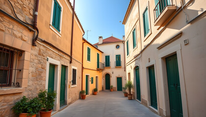 Charming narrow alley with old buildings in ostuni, puglia, italy, showcasing traditional architecture and green doors on a sunny day isolated with white highlights, png