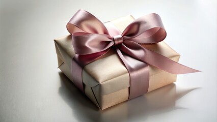 A beautifully wrapped gift adorned with a delicate satin ribbon, placed on a clean flat surface, against a soft white background, conveying thoughtfulness and elegance.