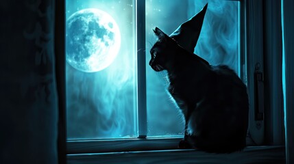 A black cat with a witch hat sitting on a window sill with a full moon in the background.