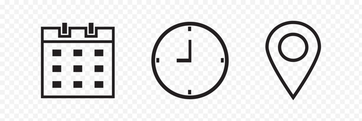 Address. time, and date icon vector. Event elements isolated on transparent background. Black & white vector illustration