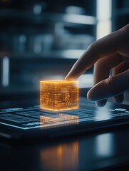 A hand interacts with a glowing cube on a digital interface, symbolizing technology and innovation in a futuristic environment.