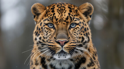 Obraz premium Magnificent picture of a rare Amur leopard. Its elegant face and piercing gaze showcase the beauty and grace of this endangered species. --ar 16:9 --v 6.1 Job ID: e3514093-a6db-4551-be68-f9449f74eb5e