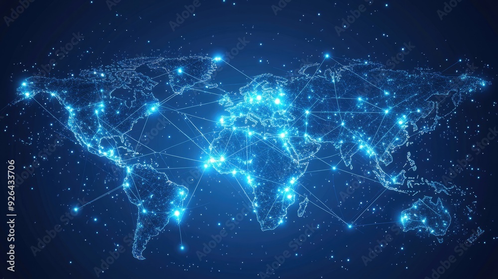 Poster modern abstract world map with glowing data connections and network nodes, representing global busin
