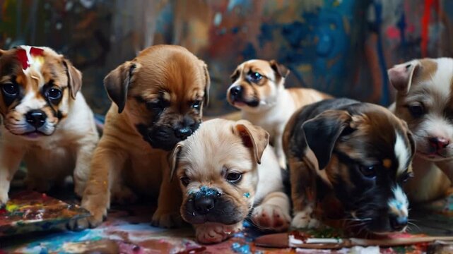 A Litter of Love: A heartwarming image of six adorable bulldog puppies huddled together, their playful energy and curious eyes radiating pure puppy charm. The messy paint splatters add a touch of whim