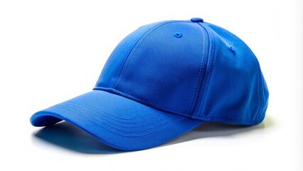 Fototapeta premium A bright blue baseball cap with a slightly curved brim and adjustable strap lies isolated on a pure white background, casting a subtle shadow.