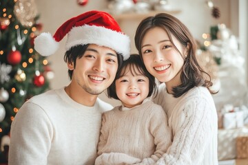 サンタ帽子をかぶってクリスマスを楽しむ日本人ファミリーのポートレート（親子・家族・家族写真・子供）
