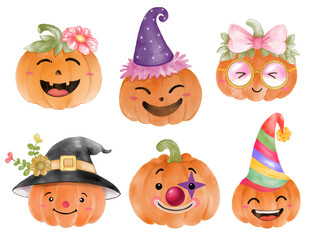 Watercolor halloween pumpkin face, jack o lantern with various costume set 4 of 4 .