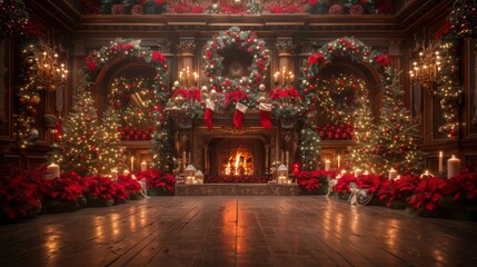 Create a cozy Christmas background with a roaring fireplace, adorned with stockings, garlands, and twinkling lights.