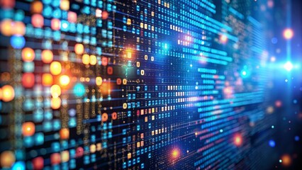 Obraz premium Abstract blurred programming code fills the screen on a dark gradient background, representing innovation, technology, and futuristic digital development concepts.