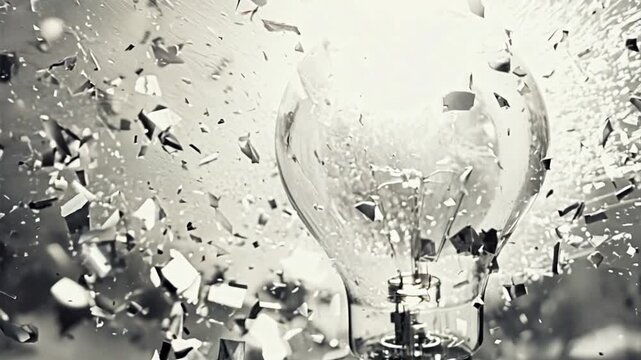 Shattered Innovation: A poignant grayscale depiction of a light bulb exploding, symbolizing the abrupt end of an idea or the chaotic nature of creative destruction. 