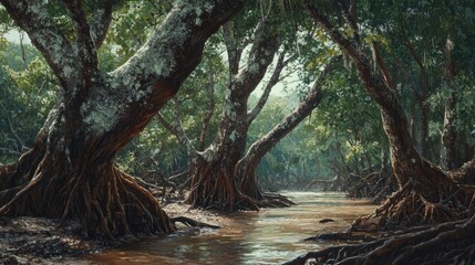 Fototapeta premium Old trees in a mangrove forest, their bark covered in thick lichens. The scene captures the dense, thriving ecosystem with a mix of roots, water, and lush foliage.