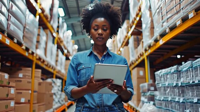 Warehouse Inventory Management: A focused woman in a denim shirt stands amidst rows of stacked boxes, intently reviewing inventory on her tablet, reflecting the efficiency and organization of modern w