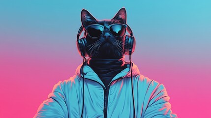 A black cat wearing sunglasses and headphones against a pink and blue gradient background. The cat is wearing a blue jacket and has a serious expression.