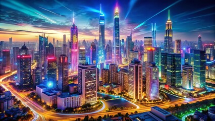 A bustling cityscape revitalized, vibrant neon lights illuminate a renewed urban landscape, symbolizing hope and resilience in a world rediscovered beyond crisis.