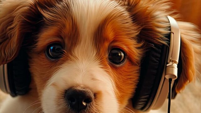 Pawsitive Vibes: Adorable puppy listens intently with headphones, showcasing the joy of music and companionship in a heartwarming portrait. 