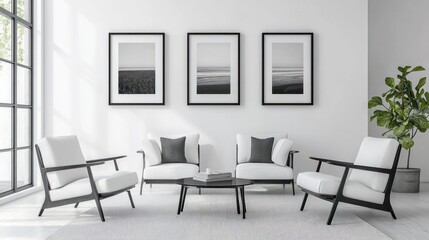 A living room with a white couch and a black and white framed picture on the wall. The room has a modern and minimalist style. Generative AI