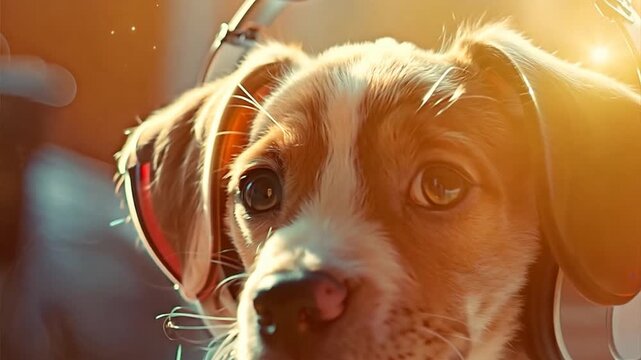 Puppy Beats: A close-up portrait of a sweet puppy wearing headphones, bathed in warm sunlight, evoking a sense of playful curiosity and the joy of listening to music. 
