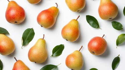 Obraz premium Close up pears and leaves on a white background. Pear fruit texture