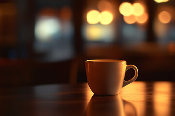 Obraz premium A white coffee cup mockup on a table in a dimly lit room
