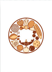 a circle of diverse food icon with outline circle outside it on a plain white background