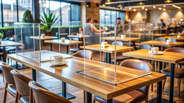 A clear plastic barrier placed on a table at a modern restaurant, separating diners from the kitchen area, promoting social distancing and cleanliness.