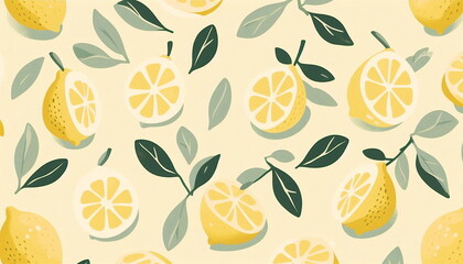   yellow lemon with green stems in soft yellow background with bright vibrant illustrated in flat illustration style