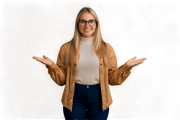 Beautiful young blonde woman wearing glasses smiling showing both hands open palms, presenting and advertising comparison and balance