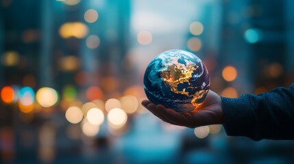 On a blurred city background, a businessman holding the earth planet, representing the concept of global business.