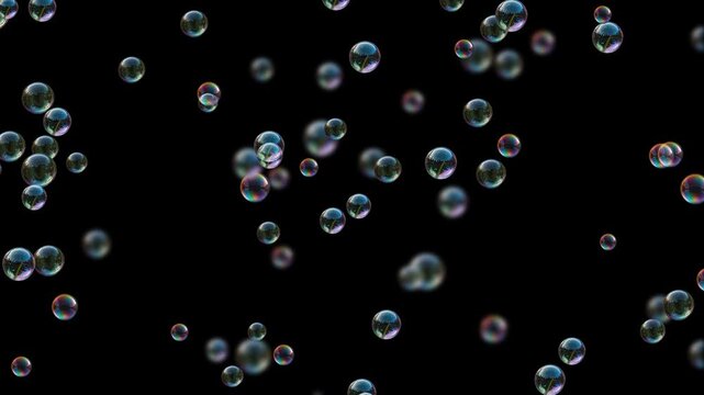 Crystal Clear Bubble Rising Motion Animation On Black Background. Alpha Channel Soap Bubbles Animation.  Baubles Raising Animation On Transparent Background Motion Graphic Of Lots Of Colorful Soap Bub
