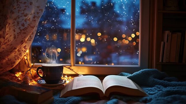 A cozy scene with a cup of coffee and an open book placed by a window, illuminated by soft nighttime light, creating a serene and in Seamless looping 4k time-lapse virtual video animation Generated AI