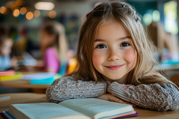 A young woman with long brown hair is smiling and holding a book. The book is open to a page with a picture on it. Concept of relaxation and enjoyment, as the woman is comfortable in her surroundings