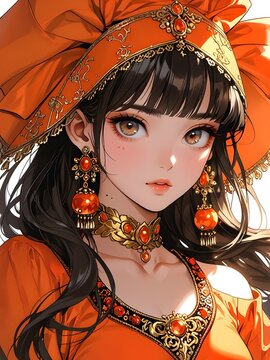 Elegant Anime Woman in Ornate Orange Traditional Attire with Jewelry and a Bold Headpiece.