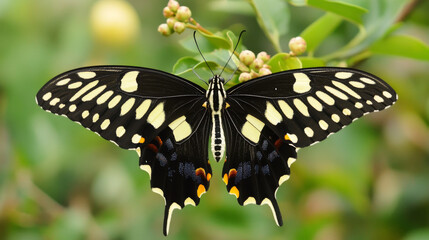 Papilio demoleus is a butterfly with long, narrow black wings with white and yellow markings --ar 16:9 --v 6.1 Job ID: d95ea5e0-73a5-4b3e-ba62-30d10fa9d618