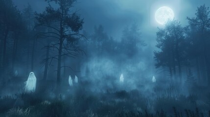 Obraz premium A dark, foggy forest with ghostly apparitions and a full moon.