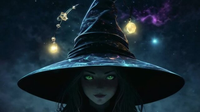 Young witch in a black magic hat with glowing eyes