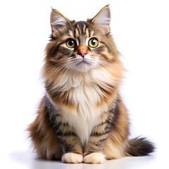 Fototapeta premium Fluffy Tabby Cat Sitting on White Background.