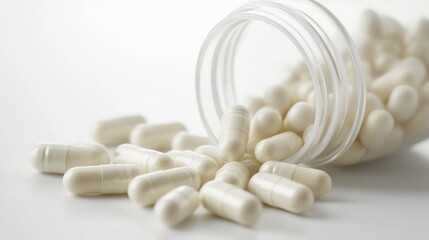Probiotic Capsules: Probiotic capsules in a clear bottle with some capsules scattered outside.