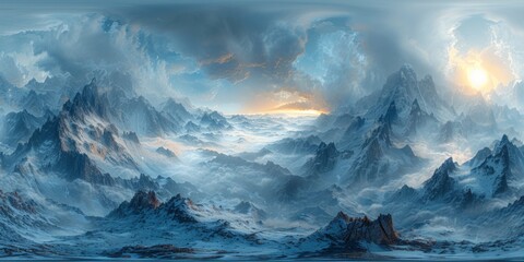An immersive 360-degree panorama of a rugged mountain range, with jagged peaks and deep valleys shrouded in mist