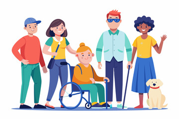 Group of characters with disabilities. People and disability. Blind woman with a guide dog, a guy in a wheelchair, a man and girl with prostheses
