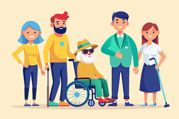 Group of characters with disabilities. People and disability. Blind woman with a guide dog, a guy in a wheelchair, a man and girl with prostheses
